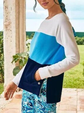 Lilly Pulitzer Luxletic Beach Combo White Aqua & Navy Colorblock Pullover Medium